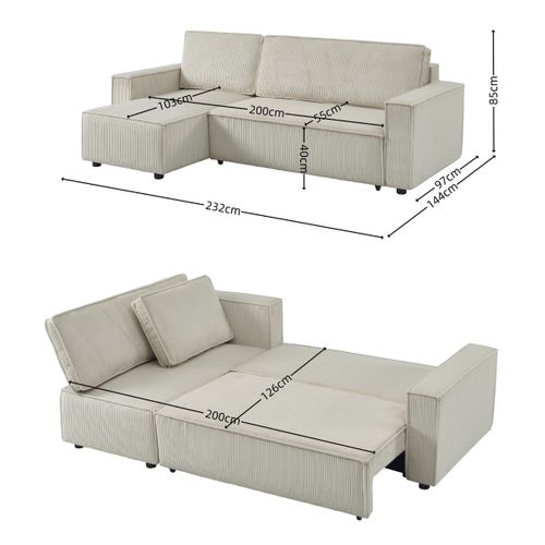 Canapé d'angle convertible méridienne réversible SOMA en velours côtelé crème