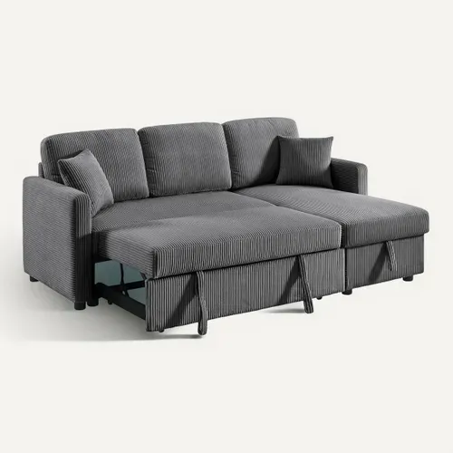 Canapé d'angle convertible méridienne réversible KIM en velours côtelé gris