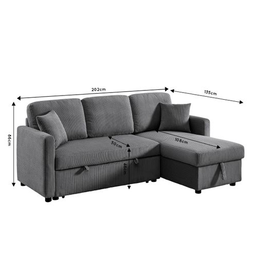 Canapé d'angle convertible méridienne réversible KIM en velours côtelé gris