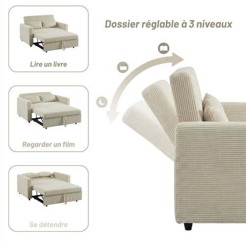 Canapé convertible 2 places SOLO en velours côtelé beige vue de profil