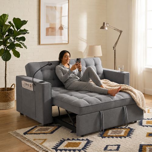 Canapé convertible 2 places REMI en tissu gris avec rangement et porte-gobelets