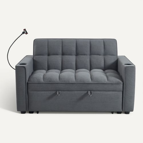 Canapé convertible 2 places REMI en tissu gris avec rangement et porte-gobelets vue de face