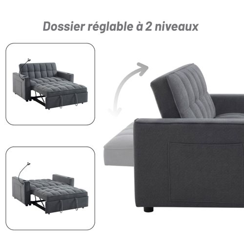 Canapé convertible 2 places REMI en tissu gris avec rangement et porte-gobelets vue de profil