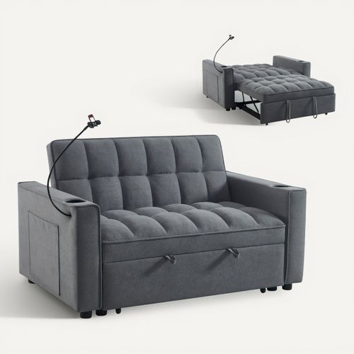 Canapé convertible 2 places REMI en tissu gris avec rangement et porte-gobelets vue 3/4