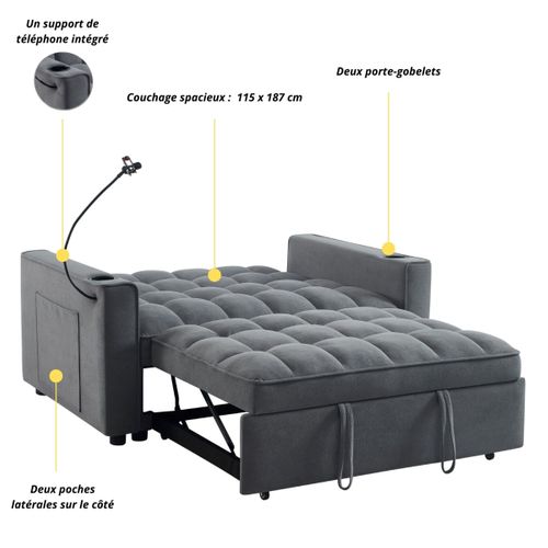 Canapé convertible 2 places REMI en tissu gris avec rangement et porte-gobelets