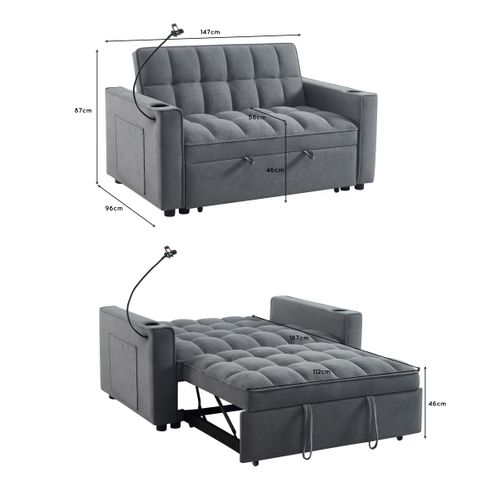 Canapé convertible 2 places REMI en tissu gris avec rangement et porte-gobelets