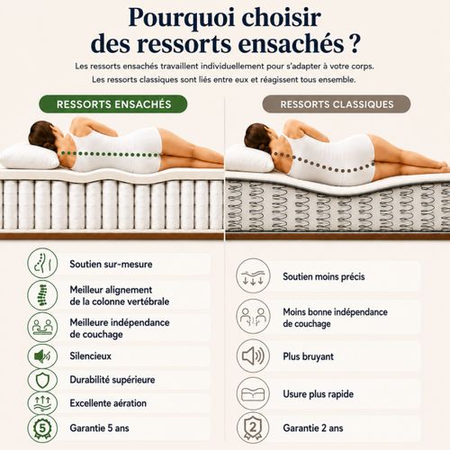 Matelas ressorts 160x200 cm avec mémoire de forme ép.35cm +surmatelas +2 oreillers ROSS vue de profil