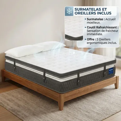 Matelas ressorts 180x200 cm avec mémoire de forme ép.35cm +surmatelas +2 oreillers ROSS vue 3/4