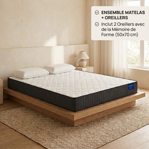 Ensemble matelas ressorts 160x200 cm ép. 20 cm avec 2 oreillers SIMON vue 3/4