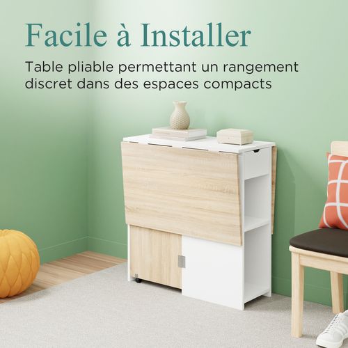 Table à Manger Pliable CASABEL – Pour Petits Espaces, Plateau Bois Clair, 2 à 6 Personnes, Avec Rangements