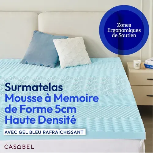 Surmatelas 140 x 190 Cm Mousse à Memoire De Forme 5 Cm - Zones Ergnomiques - Gel Infusé Bleu