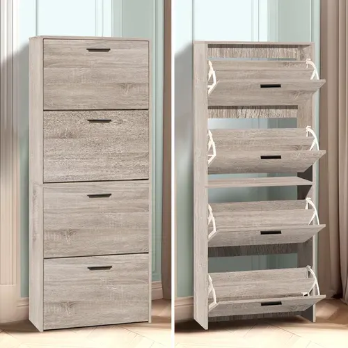 Meuble Rangement Chaussure 24 Paires - Pour Entree Couloir - 60x24x150 Cm - Bois Clair