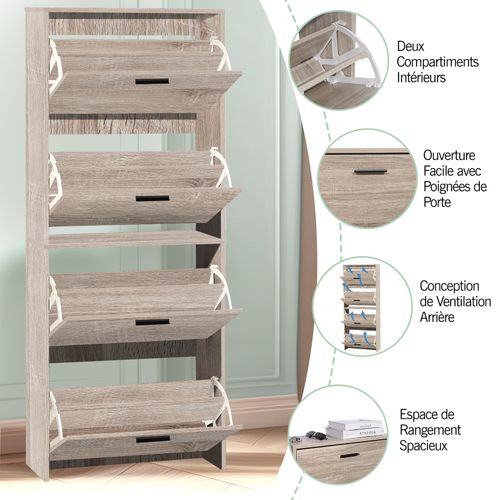 Meuble Rangement Chaussure 24 Paires - Pour Entree Couloir - 60x24x150 Cm - Bois Clair