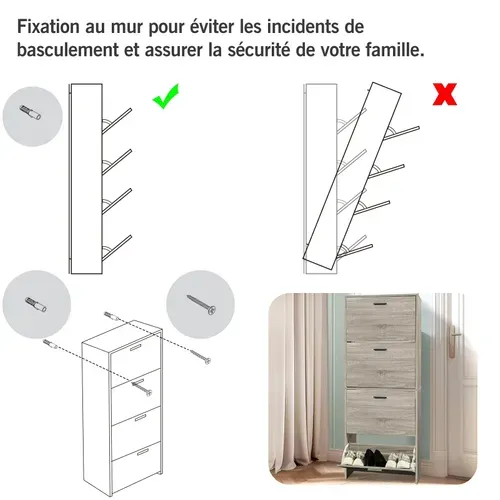 Meuble Rangement Chaussure 24 Paires - Pour Entree Couloir - 60x24x150 Cm - Bois Clair