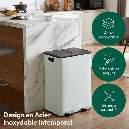 Poubelle 60l Verte Menthe, Double Compartiment, Couvercles Silencieux