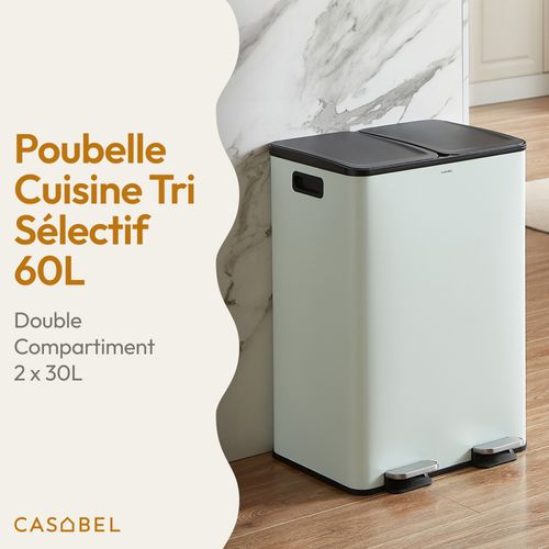 Poubelle 60l Verte Menthe, Double Compartiment, Couvercles Silencieux