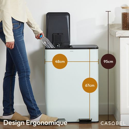 Poubelle 60l Verte Menthe, Double Compartiment, Couvercles Silencieux