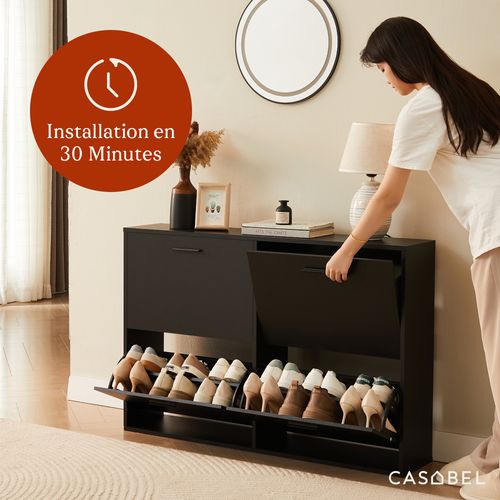 Meuble à chaussures 4 abattants Noir, design moderne, rangement d’entrée pour jusqu’à 24 paires