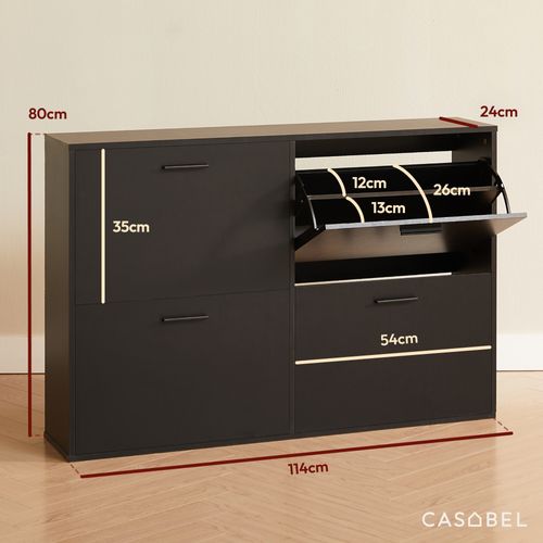 Meuble à chaussures 4 abattants Noir, design moderne, rangement d’entrée pour jusqu’à 24 paires