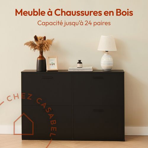 Meuble à chaussures 4 abattants Noir, design moderne, rangement d’entrée pour jusqu’à 24 paires
