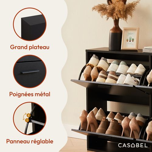 Meuble à chaussures 4 abattants Noir, design moderne, rangement d’entrée pour jusqu’à 24 paires