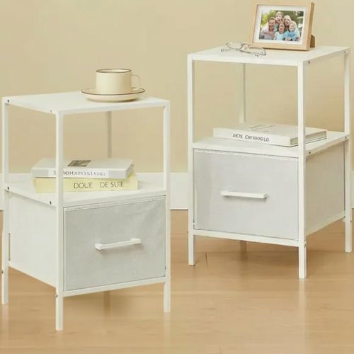Lot De 2 Tables De Chevet Blanches En Bois Mdf, Métal Et Tissu