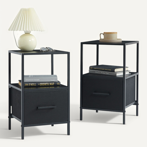 Lot De 2 Tables De Chevet Noires En Bois Mdf, Métal Et Tissu