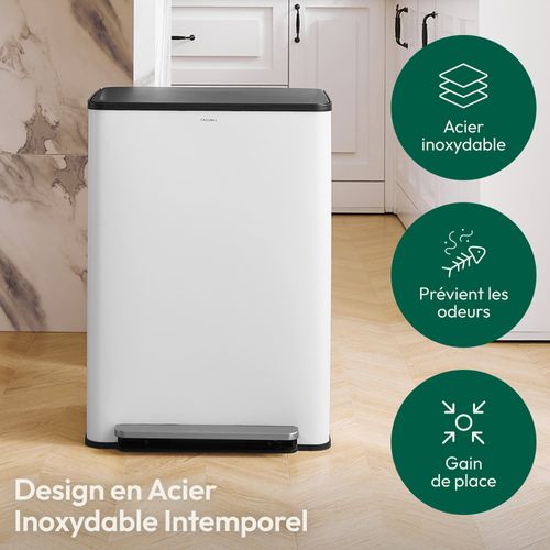 Poubelle Cuisine - Poubelle Salle De Bain Tri Selectif 60l, 2x30l, Pédale Unique, Acier Inox, Blanc