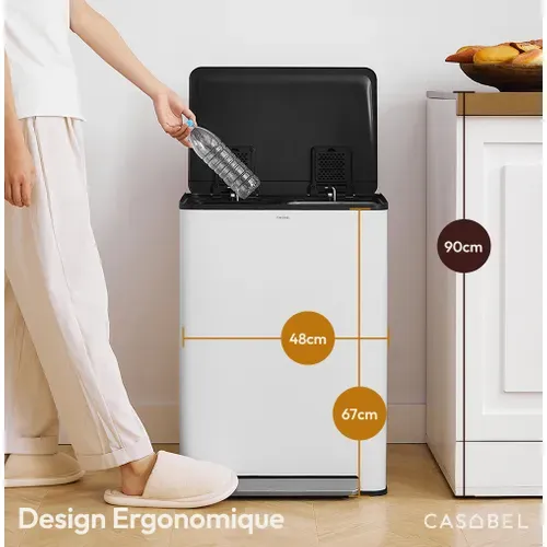 Poubelle Cuisine - Poubelle Salle De Bain Tri Selectif 60l, 2x30l, Pédale Unique, Acier Inox, Blanc