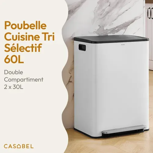 Poubelle Cuisine - Poubelle Salle De Bain Tri Selectif 60l, 2x30l, Pédale Unique, Acier Inox, Blanc