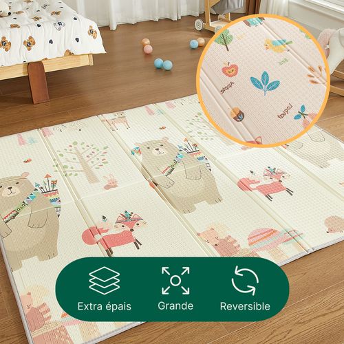Tapis D’éveil Bébé 180×200 Cm, Pliable, Motifs Ours Chasseur