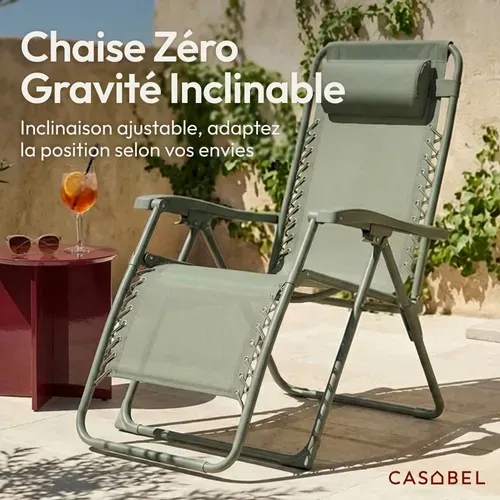 Chaise Pliante Zéro Gravité Vert Sauge, Fauteuil Jardin Inclinable