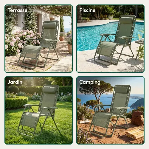 Chaise Pliante Zéro Gravité Vert Sauge, Fauteuil Jardin Inclinable