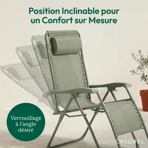 Chaise Pliante Zéro Gravité Vert Sauge, Fauteuil Jardin Inclinable