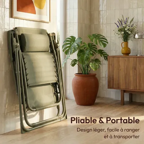 Chaise Pliante Zéro Gravité Vert Sauge, Fauteuil Jardin Inclinable
