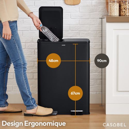 Poubelle 60l, Double Compartiment, Couvercles Silencieux, Noire