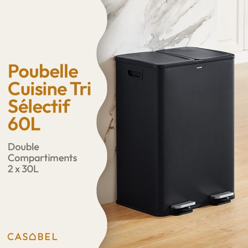 Poubelle 60l, Double Compartiment, Couvercles Silencieux, Noire