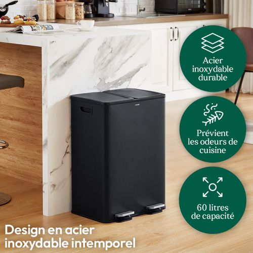 Poubelle 60l, Double Compartiment, Couvercles Silencieux, Noire