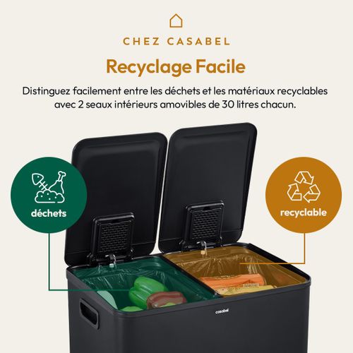 Poubelle 60l, Double Compartiment, Couvercles Silencieux, Noire