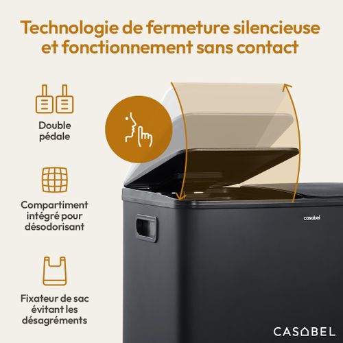 Poubelle 60l, Double Compartiment, Couvercles Silencieux, Noire
