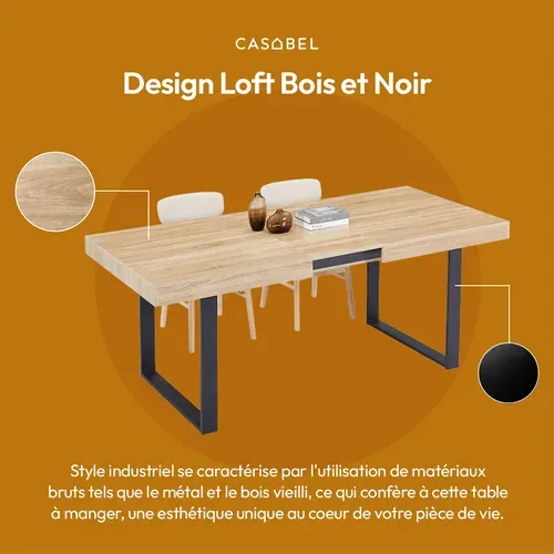 Table à Manger Extensible, 6 à 8 Personnes, Bois Clair Et Noir