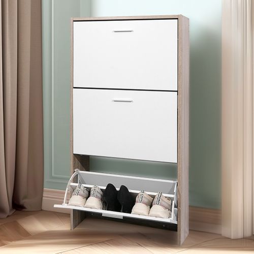 Meuble Rangement Chaussure 24 Paires - Pour Entree Couloir - 60x24x150 Cm - Blanc Bois Clair