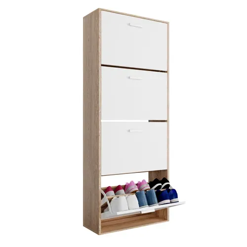Meuble Rangement Chaussure 24 Paires - Pour Entree Couloir - 60x24x150 Cm - Blanc Bois Clair