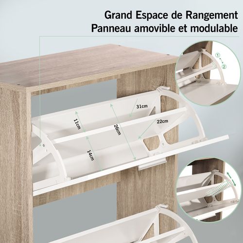 Meuble Rangement Chaussure 24 Paires - Pour Entree Couloir - 60x24x150 Cm - Blanc Bois Clair
