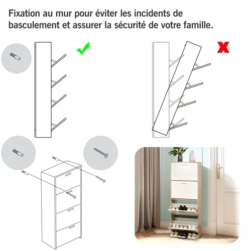 Meuble Rangement Chaussure 24 Paires - Pour Entree Couloir - 60x24x150 Cm - Blanc Bois Clair