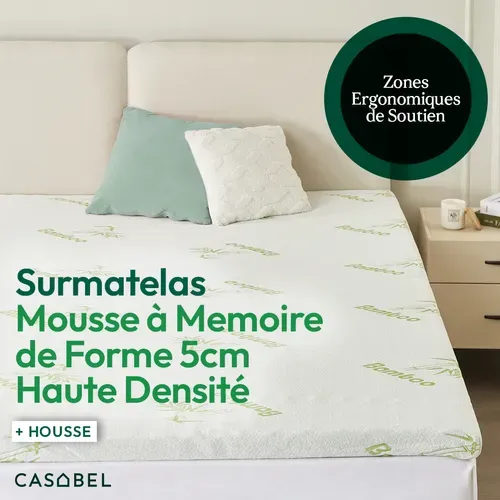 Surmatelas 140 x 190 Cm Mousse à Mémoire De Forme 5 Cm + Housse En Bambou - Zones Ergonomiques