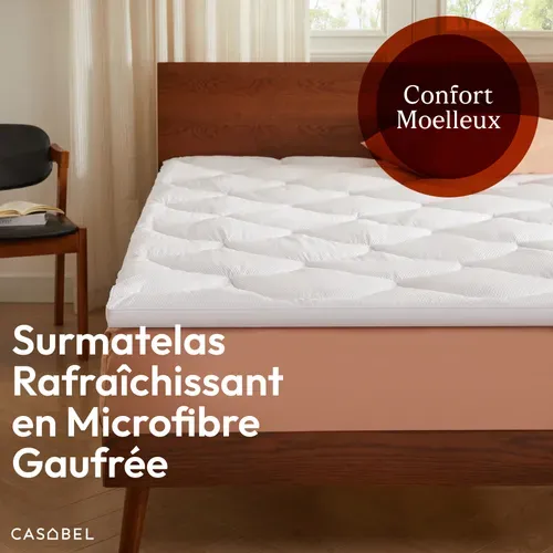 Surmatelas Rafraîchissant 140x190 Cm Microfibre Gaufrée Premium Blanc, 4 Cm, Fixation Élastique