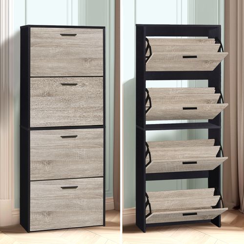Meuble Rangement Chaussure 24 Paires - Pour Entree Couloir - 60x24x150 Cm - Noir Bois Clair