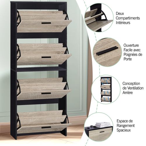 Meuble Rangement Chaussure 24 Paires - Pour Entree Couloir - 60x24x150 Cm - Noir Bois Clair
