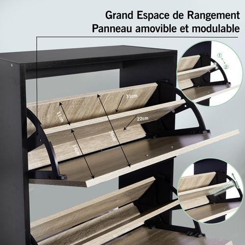 Meuble Rangement Chaussure 24 Paires - Pour Entree Couloir - 60x24x150 Cm - Noir Bois Clair